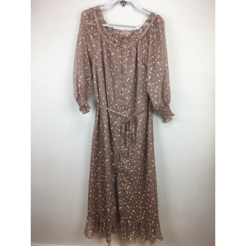 Lost Ink Womens Beige Floral Print Boat Neck Casual Fit And Flare Dress Size M/L